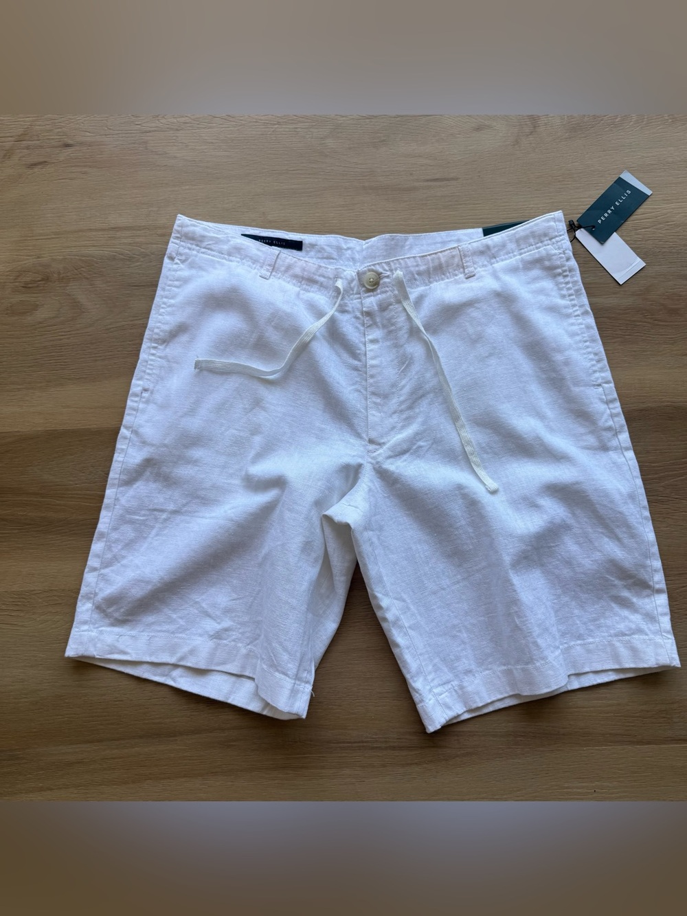 Perry Ellis White Linen-Blend Flat Front Shorts SZ 34 linen shorts drawstring